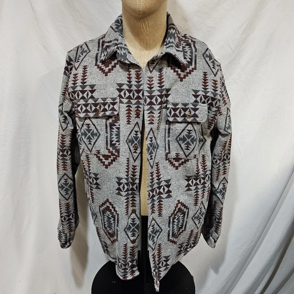 Lucky Brand Boulder Creek Shirt Jacket Mens Large Gray Red Southwestern Aztec